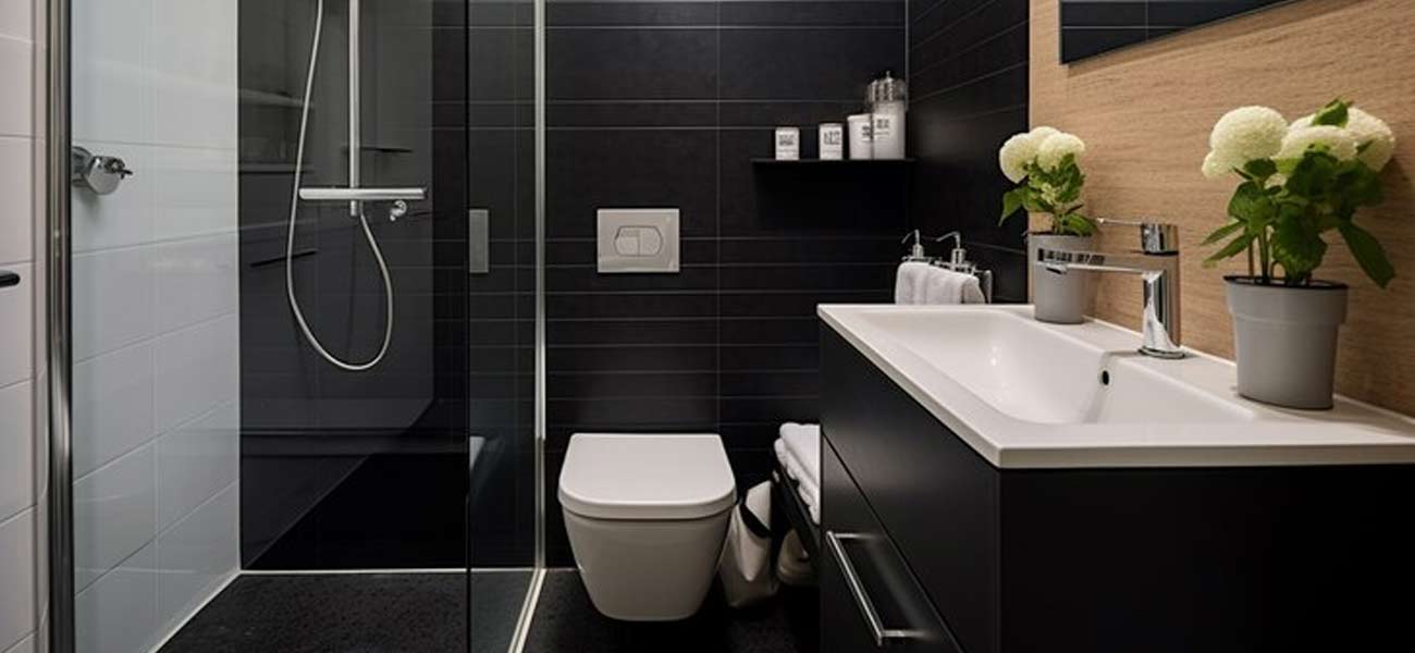 black background bathroom renovation 210 square feet with smart toilet and countertop wash basin